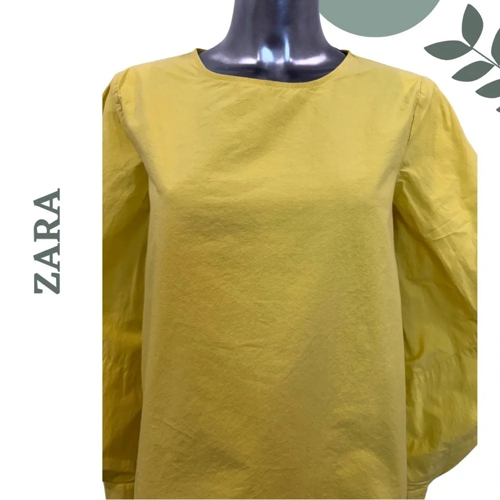 🛍️3/$40 ZARA Collection Yellow Poplin Cotton Balloon Sleeve Blouse – Size Small - Picture 6 of 7